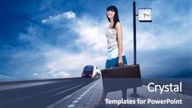  Presentation with train railway - Beautiful PPT theme featuring girl waiting train backdrop and a ocean colored foreground