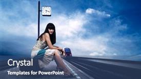  Presentation with train railway - Amazing PPT theme having girl waiting train backdrop and a ocean colored foreground