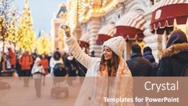  Presentation with russia city - Slide deck consisting of fair weather - girl walking in christmas market background and a coral colored foreground