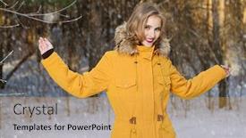  Presentation with winter forest - Presentation having girl walking in forest on winter day fashion shot down jackets background and a gold colored foreground