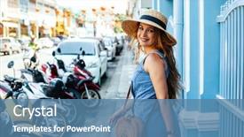  Presentation with asia tourism - PPT theme featuring girl walking on the asia background and a teal colored foreground