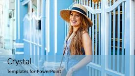  Presentation with asia tourism - Amazing PPT theme having girl walking on the asia backdrop and a light blue colored foreground