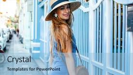  Presentation with city street - PPT theme with girl walking on the asia background and a light blue colored foreground