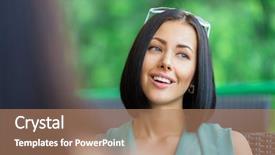  Presentation with bistro - Presentation theme having girl wearing blue dress and sunglasses sits at the table of the bistro and talks with friend background and a coral colored foreground