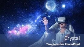  Presentation with virtual reality therapy - PPT theme with girl-wearing-virtual-reality-goggles and a ocean colored foreground