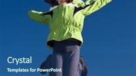  Presentation with winter blue - PPT theme enhanced with girl wearing winter jacket jumping against blue sky background and a ocean colored foreground