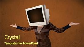  Presentation with monitor computer - Presentation featuring girl with a computer monitor on her head and empty brown copyspace background and a tawny brown colored foreground