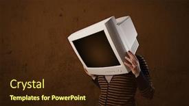  Presentation with monitor computer - PPT theme featuring girl with a computer monitor on her head and empty brown copyspace background and a wine colored foreground