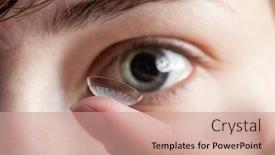  Presentation with contact lens - Audience pleasing presentation design consisting of girl-with-a-contact-lens backdrop and a coral colored foreground