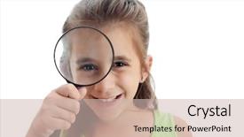  Presentation with blonde holds a magnifying glass - Audience pleasing PPT theme consisting of girl with a magnifying glass backdrop and a soft green colored foreground