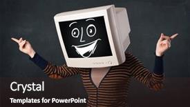  Presentation with happy sad mask face - PPT theme having girl with a monitor screen background and a  colored foreground