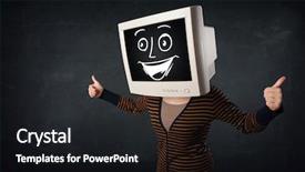  Presentation with happy sad mask face - Slide set with girl with a monitor screen background and a  colored foreground