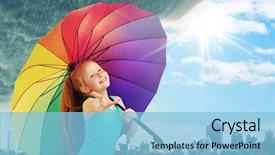 Presentation with umbrella - Audience pleasing presentation design consisting of girl with an colorful umbrella backdrop and a light blue colored foreground