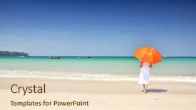  Presentation with umbrella - Cool new theme with girl with an orange umbrella on the sandy beach backdrop and a lemonade colored foreground