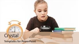  Presentation with school kids reading books - Audience pleasing presentation design consisting of girl with big alarm clock backdrop and a coral colored foreground