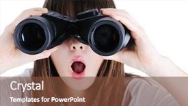  Presentation with binocular - PPT theme featuring girl with binocular background and a tawny brown colored foreground
