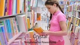  Presentation with bookstore - Audience pleasing PPT theme consisting of girl with braids chooses book backdrop and a coral colored foreground