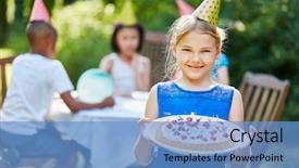  Presentation with summer party - Beautiful slide deck featuring girl with cake at brithday backdrop and a teal colored foreground