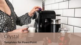  Presentation with cappuccino - Presentation design enhanced with girl-with-capsule-coffee-machine background and a  colored foreground
