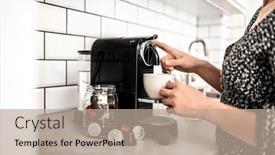  Presentation with coffee powder in machine - PPT theme with girl-with-capsule-coffee-machine background and a mint green colored foreground