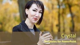  Presentation with autumn leaves - Cool new PPT theme with girl with coffee sitting on a bench autumn season city park yellow leaves backdrop and a tawny brown colored foreground