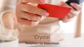  Presentation with credit card - PPT theme featuring girl-with-credit-card background and a coral colored foreground