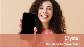  Presentation with curly hair - Slides having cheerful young girl with dark curly hair showing blank screen mobile phone isolated over beige background background and a coral colored foreground