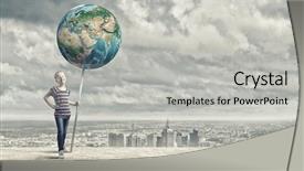  Presentation with earth planet globe - Audience pleasing presentation design consisting of girl with earth planet banner backdrop and a light gray colored foreground