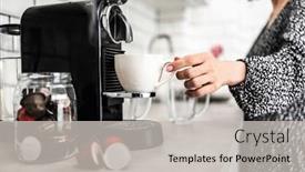  Presentation with coffee powder in machine - Presentation theme having girl-with-espresso-cup-prepared background and a light gray colored foreground