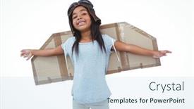  Presentation with pilot - Beautiful slide set featuring girl with fake wings pretending to be pilot on white screen backdrop and a sky blue colored foreground