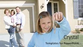  Presentation with house key - PPT layouts featuring girl with family holding key background and a  colored foreground