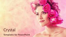  Presentation with cosmetics beauty - Amazing slide deck having girl with floral hairstyle rose backdrop and a  colored foreground