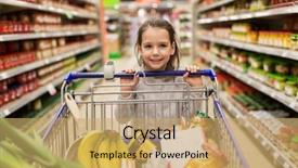  Presentation with grocery store - Colorful presentation design enhanced with girl with food in shopping backdrop and a yellow colored foreground