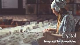  Presentation with music headphones - Cool new PPT layouts with girl with headphones browsing record backdrop and a gray colored foreground