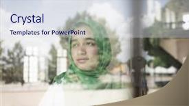  Presentation with hijab - Presentation theme having girl with hijab on window background and a sky blue colored foreground