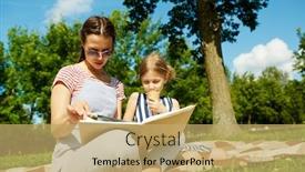  Presentation with green lawn - Audience pleasing slide set consisting of girl with icecream and her mother reading curious book while relaxing on green lawn in park on sunny day backdrop and a yellow colored foreground