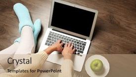  Presentation with food - Cool new PPT theme with girl with laptop and food backdrop and a  colored foreground