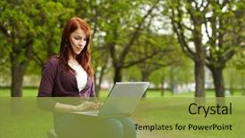  Presentation with laptop - PPT theme having girl with laptop on outdoor background and a  colored foreground