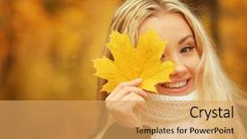  Presentation with autumn - Beautiful PPT theme featuring girl with leaf in autumn backdrop and a  colored foreground