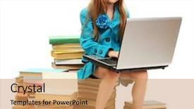  Presentation with notebook - PPT theme with girl with notebook and books background and a  colored foreground