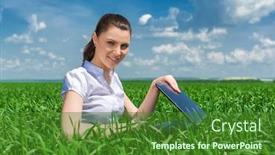  Presentation with green notebook - Audience pleasing slide set consisting of girl with notebook on green field backdrop and a forest green colored foreground
