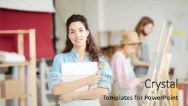  Presentation with art historical painting - PPT theme having girl with notepad and paintbrushes background and a soft green colored foreground