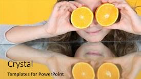  Presentation with eyes - Theme with citrus holding two halfs - girl with orange halves background and a yellow colored foreground