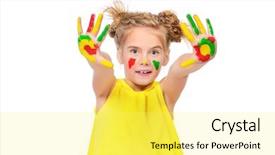  Presentation with colorful finger painted hands - Beautiful PPT theme featuring girl with painted colorful hands backdrop and a yellow colored foreground