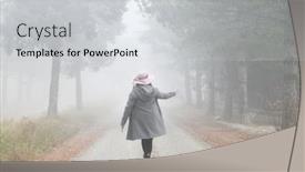  Presentation with foggy forest - Beautiful presentation theme featuring girl-with-pink-hat-walks backdrop and a light gray colored foreground