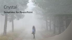  Presentation with foggy forest - Theme having girl-with-pink-hat-walks background and a light gray colored foreground