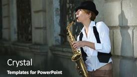  Presentation with brick wall - Audience pleasing PPT layouts consisting of girl-with-saxophone-outside-near backdrop and a dark gray colored foreground