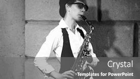  Presentation with brick wall - Cool new slide deck with girl-with-saxophone-outside-near backdrop and a gray colored foreground