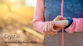  Presentation with gadget - PPT theme consisting of girl-with-smart-fitness-watch background and a  colored foreground