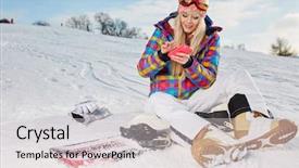  Presentation with snowboard - Beautiful slide deck featuring girl with snowboard sitting on the snow and is making a selfie backdrop and a light gray colored foreground